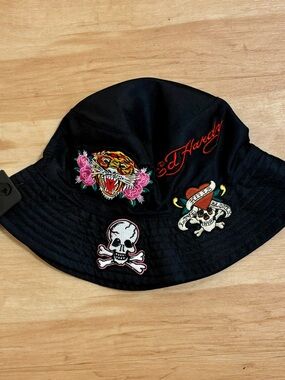 Ed Hardy Black Skull Tiger Embroidered Bucket Sun Hat